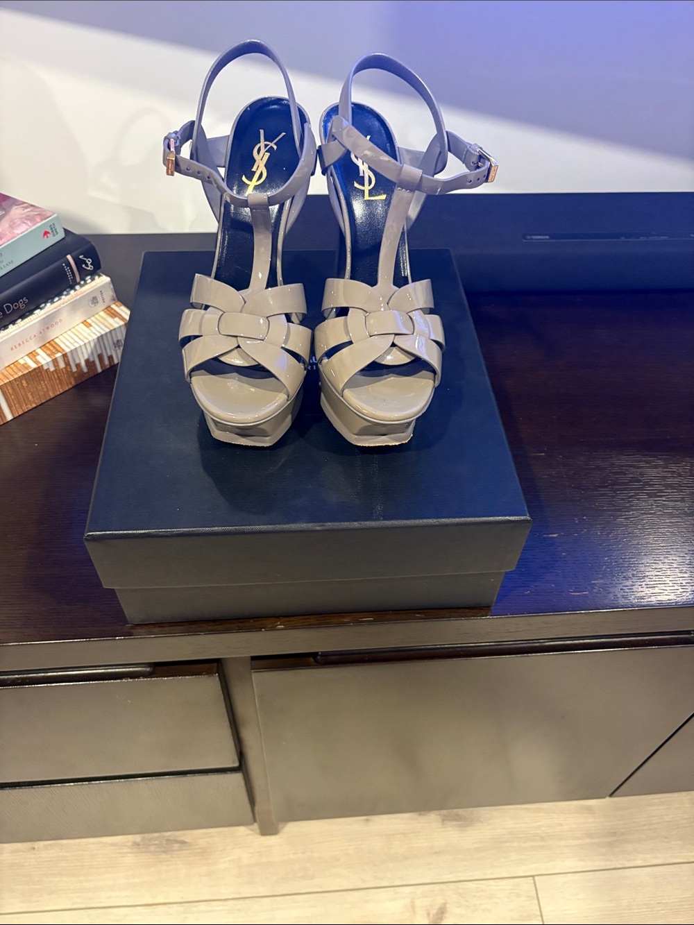 Authentic Saint Laurent Gray Patent Leather Platform Tribute
